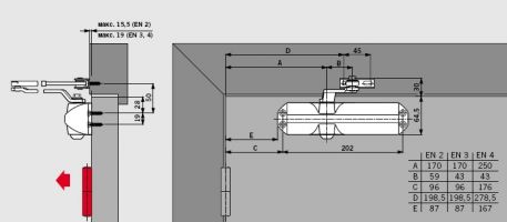 Монтаж доводчика Dorma TS 68 на дверном полотне со стороны петель