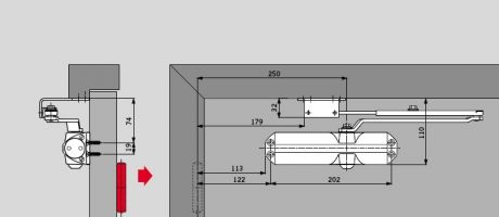 Параллельный монтаж доводчика Dorma TS 68 с помощью монтажного уголка на сторону противоположную петлям